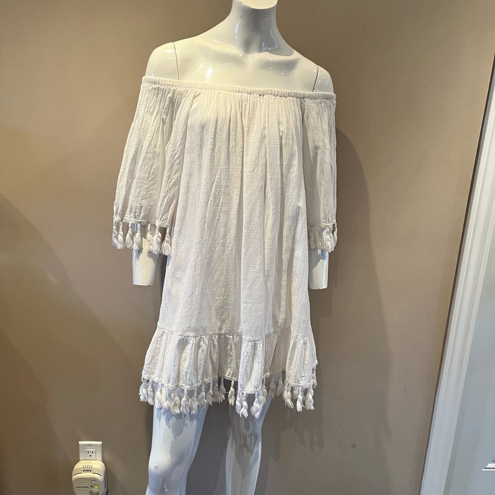 White Off-Shoulder Dress with Tassels